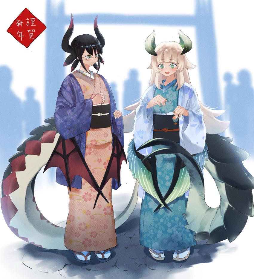 2girls, alternate_costume, black_hair, blonde_hair, chamber_dragonmaid, dougaku_(passionpit777), dragon_girl, dragon_horns