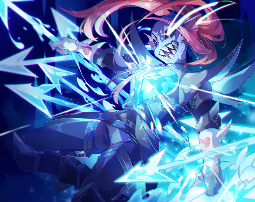 1girl, armor, black_sclera, blue_background, blue_skin, breastplate, chromatic_aberration, colored_sclera