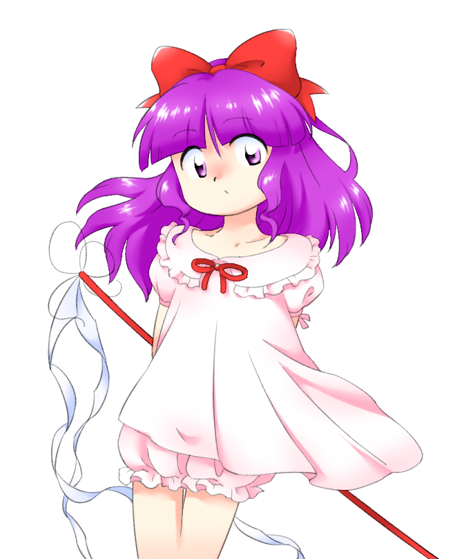 1girl, bow, gohei, hair_bow, hakurei_reimu, hakurei_reimu_(pc-98), long_hair, long_shirt, nonamejd, pink_shirt, puffy_short_sleeves, puffy_sleeves, purple_hair, red_bow, red_ribbon, ribbon, shirt, short_sleeves, simple_background, solo, touhou, touhou_(pc-98), violet_eyes, white_background