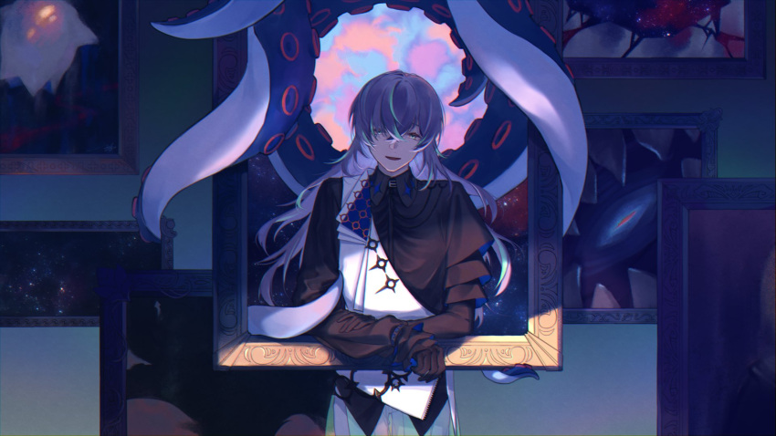 1boy, aqua_hair, ashio_1489, black_gloves, black_shirt, collared_shirt, cowboy_shot, creature, crossed_bangs, gloves, hair_over_one_eye, hand_on_own_arm, highres, hoshirube_sho, layered_sleeves, long_hair, long_sleeves, looking_at_viewer, male_focus, multicolored_hair, nijisanji, nijisanji_en, outside_border, painting_(object), picture_frame, purple_hair, sharp_teeth, shirt, sky, sleeves_past_wrists, smile, solo, star_(sky), starry_sky, streaked_hair, teeth, tentacles, tentacles_on_male, two-sided_sleeves, vest, virtual_youtuber, white_vest