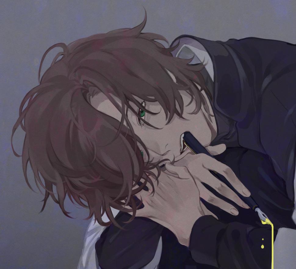 1boy, ashio_1489, biting, brown_hair, cropped, gakuran, green_eyes, hair_over_eyes, head_tilt, holding, holding_pen, hugging_own_legs, knees_up, long_sleeves, male_focus, one_eye_covered, original, own_hands_together, pen, school_uniform, short_hair, sitting, solo, teeth