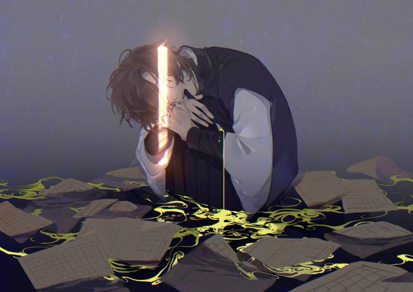1boy, ashio_1489, biting, black_sleeves, brown_hair, check_copyright, copyright_request, crack_of_light, grey_background, hakama, head_tilt, highres, holding, holding_pen, hugging_own_legs, ink, japanese_clothes, knees_up, layered_sleeves, liquid, long_sleeves, male_focus, original, own_hands_together, paper, partially_submerged, pen, short_hair, sitting, solo, sunlight, vest, white_sleeves, wide_sleeves