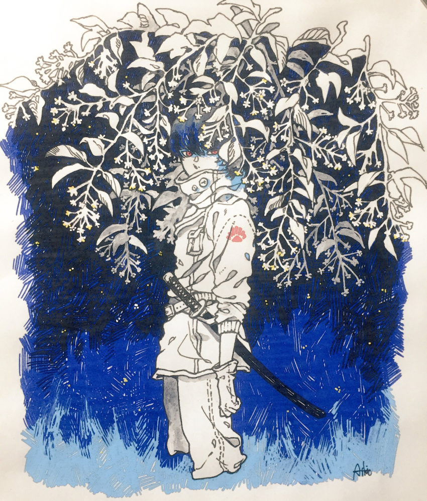 1boy, arms_at_sides, ashio_1489, blue_hair, branch, breast_pocket, copyright_request, covered_mouth