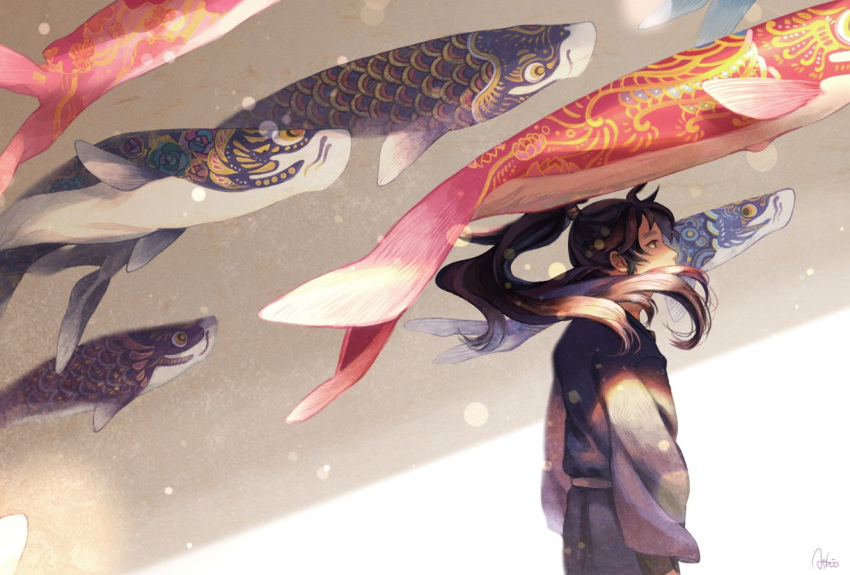 1boy, ashio_1489, black_hair, blurry, bokeh, covered_mouth, cowboy_shot, depth_of_field