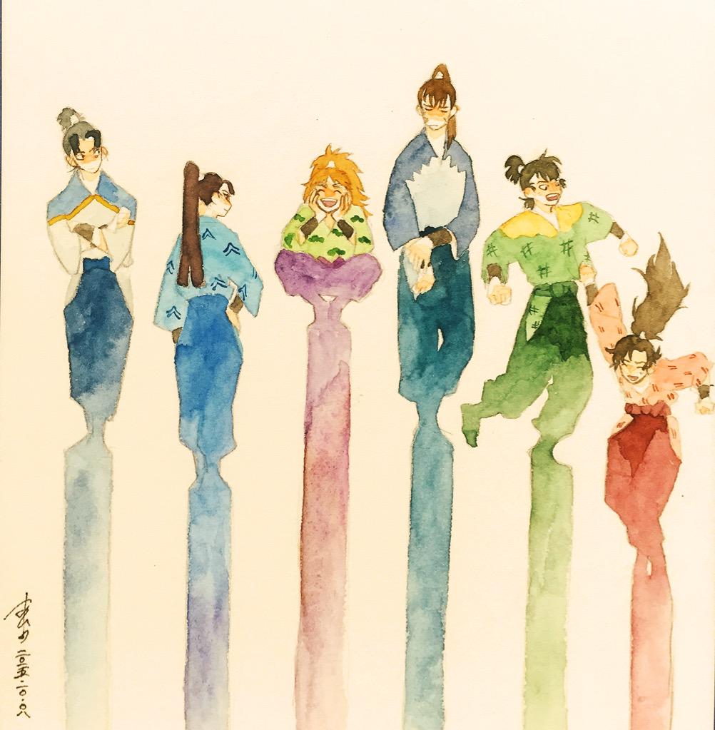 6+boys, arm_guards, arm_up, ashio_1489, blending, blue_pants, boots, brown_hair