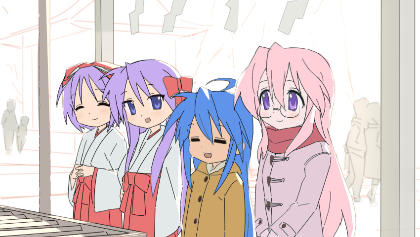 4girls, 4others, :3, =_=, ahoge, blue_hair, blush, box