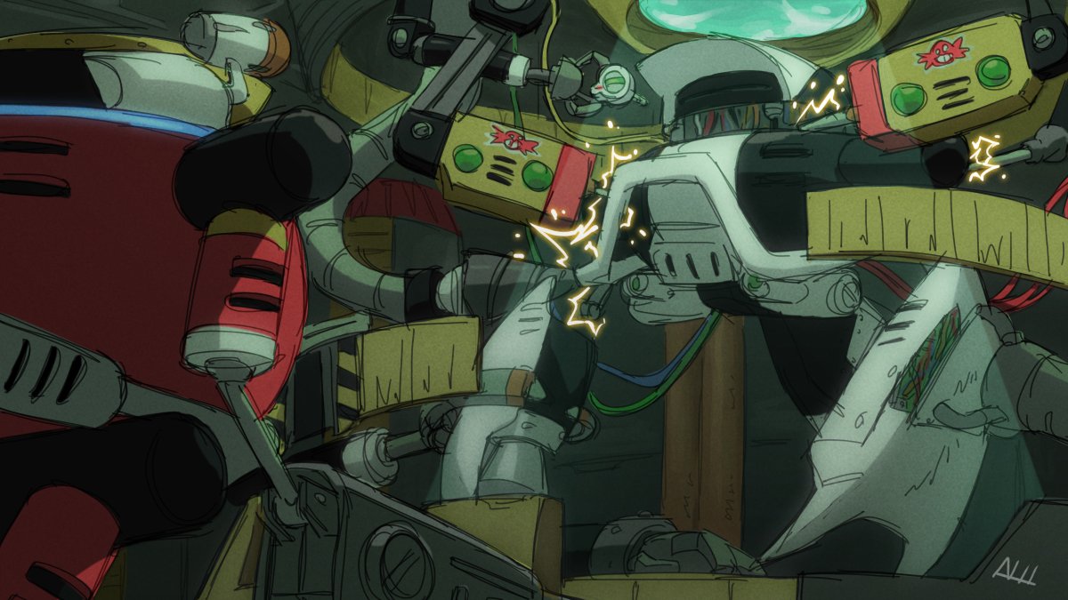 arm_cannon, cable, e-101_beta, e-102_gamma, indoors, looking_at_another, mechanical_arms, robot, signature, sonic_(series), sonic_adventure, sparks, virtanderson, weapon