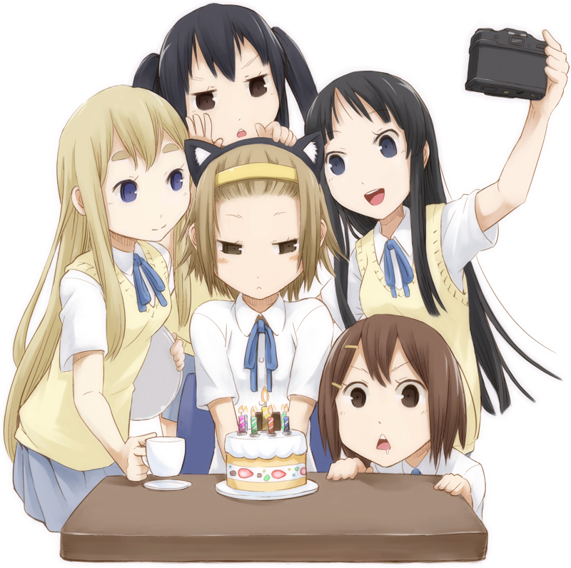 black_eyes, black_hair, blonde_hair, blue_eyes, brown_eyes, brown_hair, cake, camera