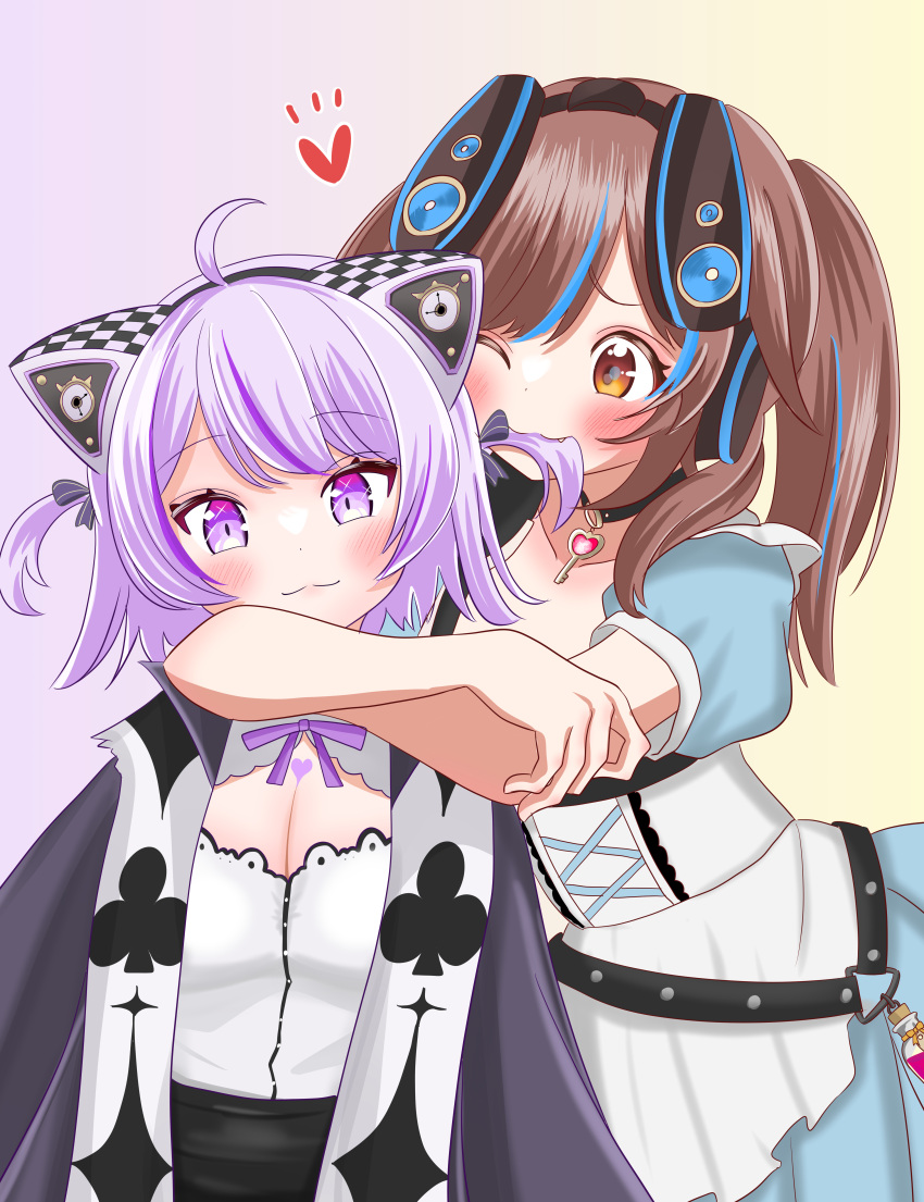 2girls, absurdres, ahoge, arms_around_neck, biting_hair, black_choker, black_hairband, blue_dress