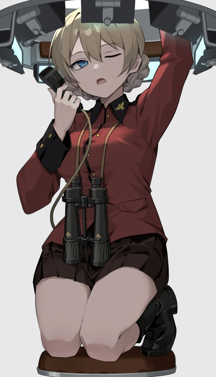 1girl, absurdres, arm_up, binoculars, black_footwear, black_skirt, blonde_hair, blue_eyes