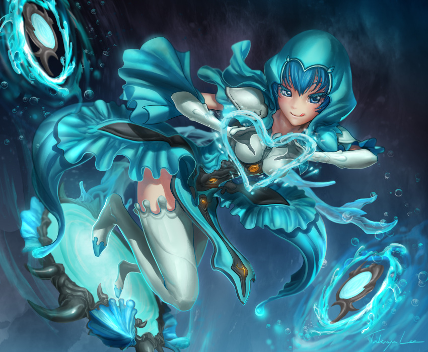1girl, absurdres, armor, artist_name, blue_eyes, blue_footwear, blue_hair, blue_hood