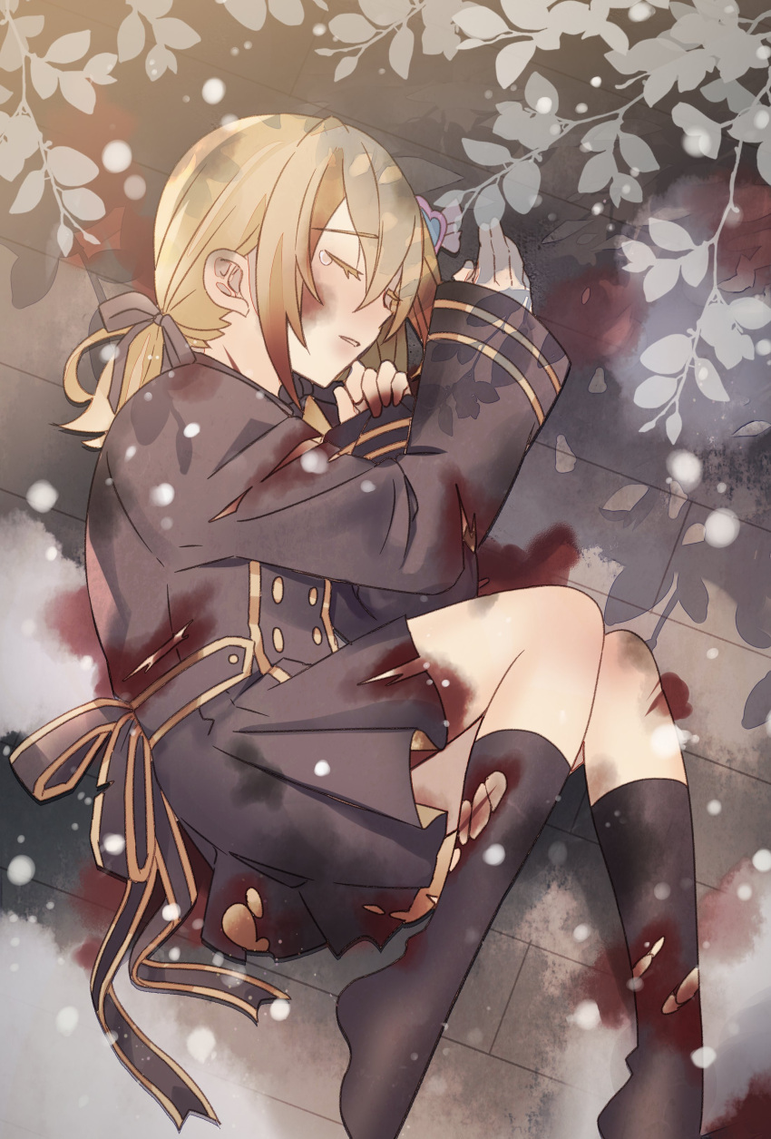 1girl, absurdres, black_dress, blonde_hair, blood, blood_on_face, buttons, closed_eyes, dress, foliage, hair_ornament, hairclip, highres, injury, kneehighs, lily_alicia_cornelius, lying, novel_illustration, official_art, on_side, ponytail, ribbon, ruco, second-party_source, snow, snowing, socks, solo, tears, the_4_sigils_-_the_malice_of_winter, torn_clothes