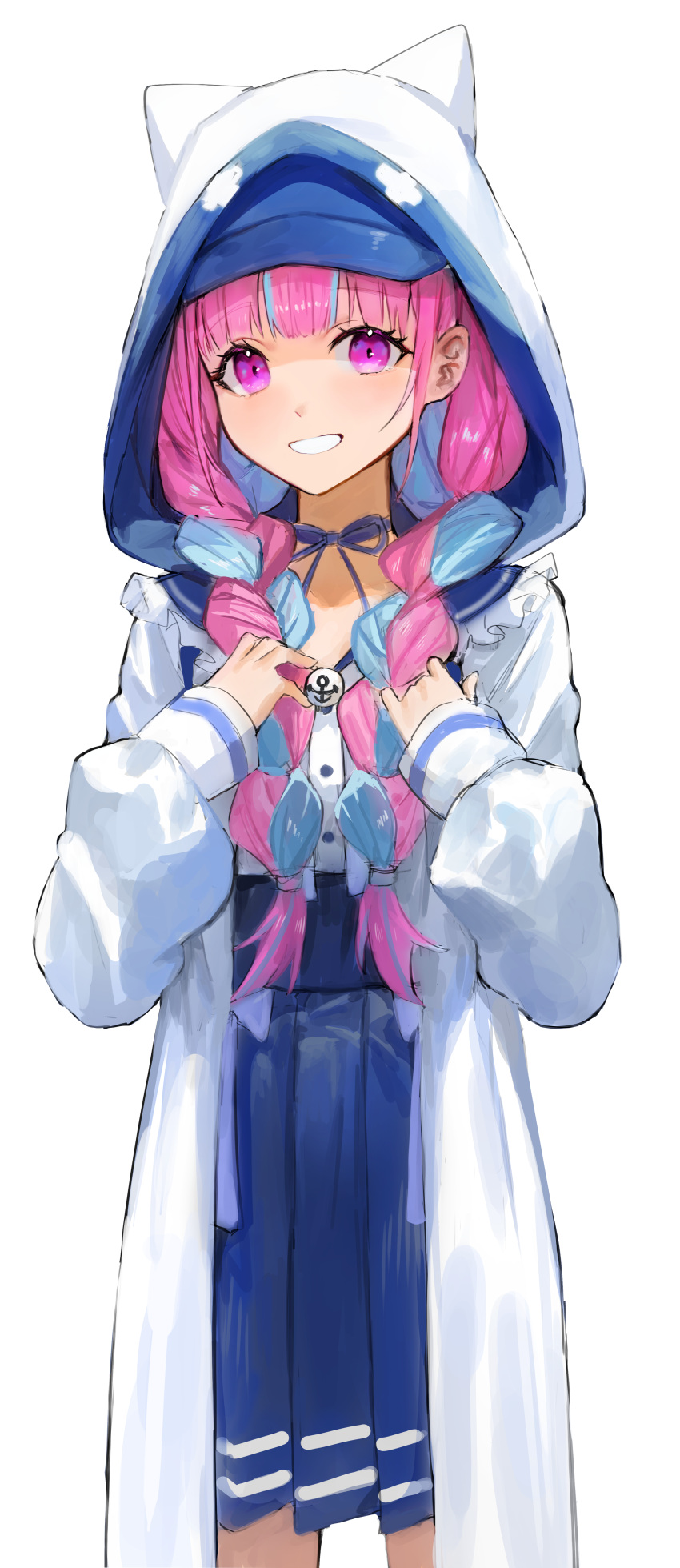 1girl, absurdres, animal_hood, blue_choker, blue_hair, blue_sailor_collar, blue_skirt, braid, cat_hood, choker, commentary_request, feet_out_of_frame, frilled_sailor_collar, frills, hands_up, high-waist_skirt, highres, hololive, hood, hood_up, hooded_jacket, jacket, kaze_22, korean_commentary, long_hair, long_sleeves, looking_at_viewer, minato_aqua, minato_aqua_(sailor), multicolored_hair, official_alternate_costume, open_clothes, open_jacket, pink_hair, pleated_skirt, ribbon_choker, sailor_collar, sailor_shirt, school_uniform, serafuku, shirt, simple_background, skirt, smile, solo, standing, streaked_hair, twin_braids, twintails, two-tone_hair, very_long_hair, violet_eyes, virtual_youtuber, white_background, white_shirt