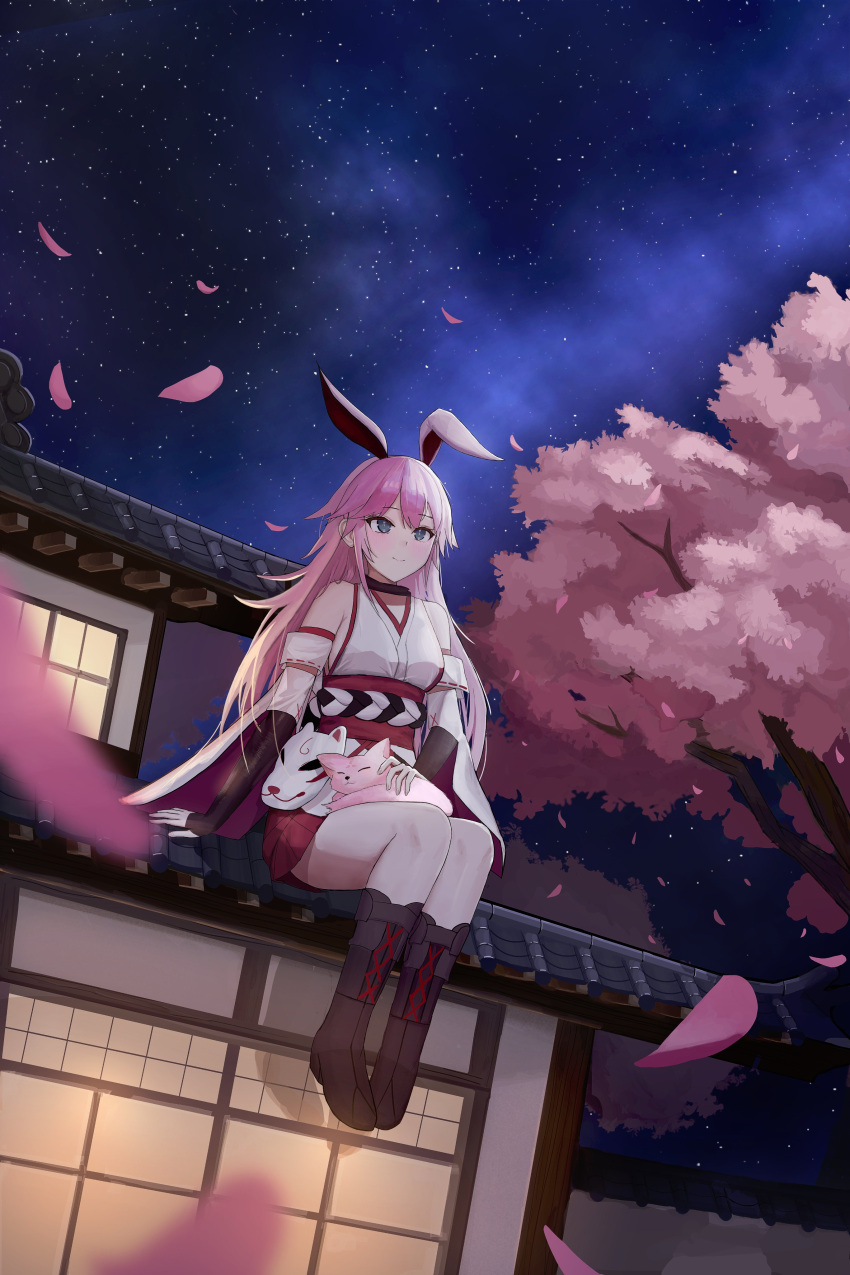 1girl, absurdres, animal_ears, bare_shoulders, boots, cherry_blossoms, closed_mouth, detached_sleeves