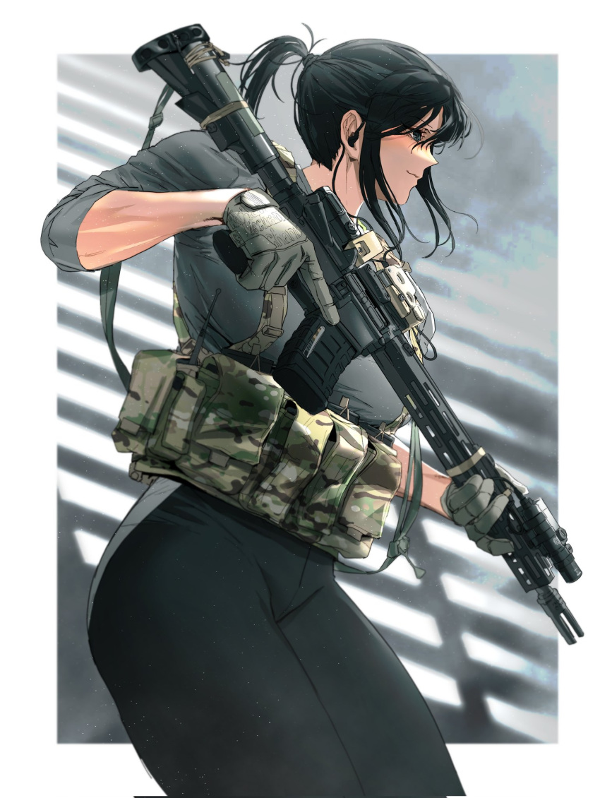 1girl, ammunition_pouch, ar-15, black_eyes, black_hair, earphones, flashlight, gun