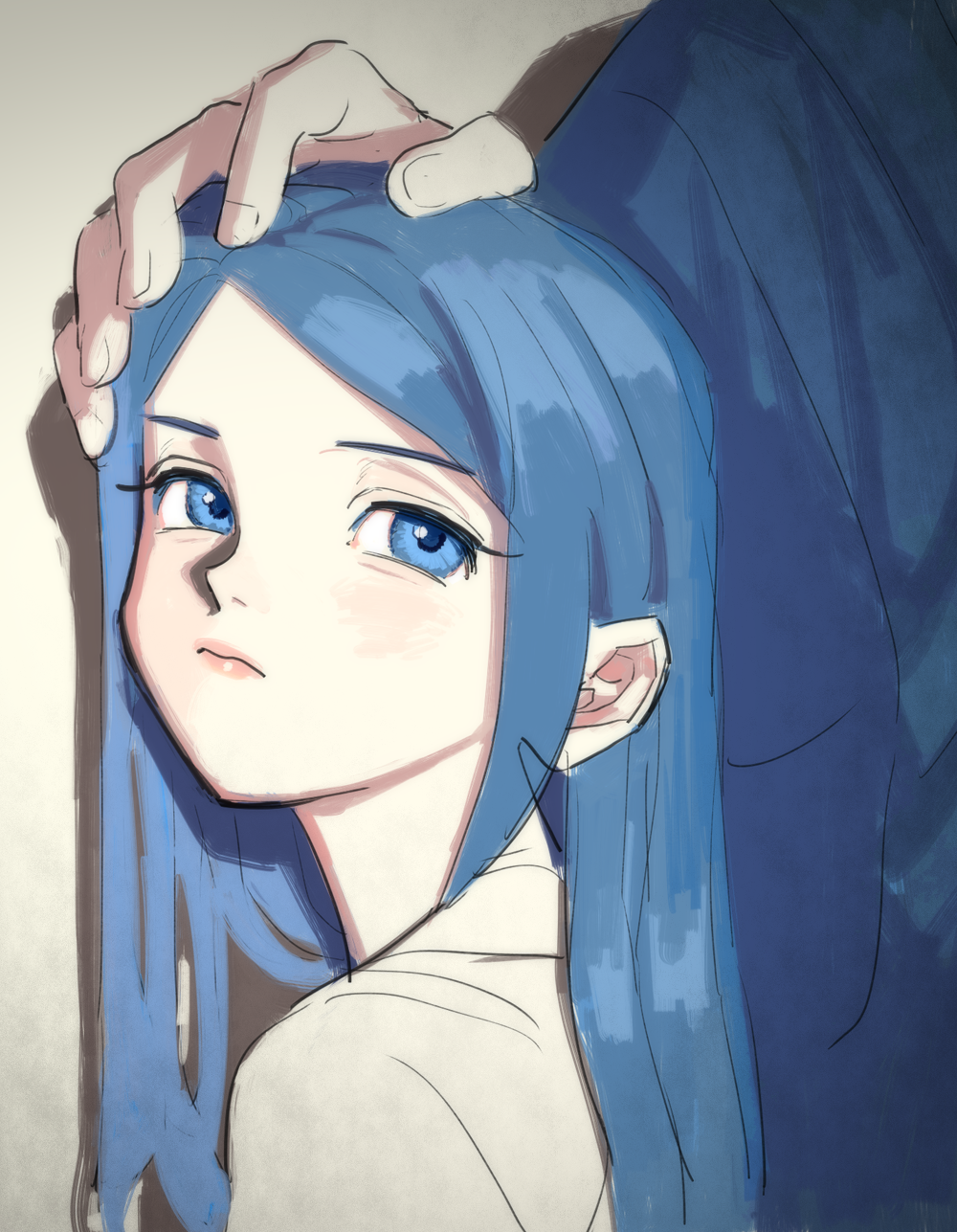 1boy, 1girl, akita_(tohoku_high-light), blue_eyes, blue_hair, blue_robe, commentary_request, commission, frown, grey_shirt, hand_on_another's_head, highres, iwate_(tohoku_high-light), long_hair, looking_at_viewer, miyage_no_nukegara, robe, shirt, skeb_commission, solo_focus, tohoku_high-light