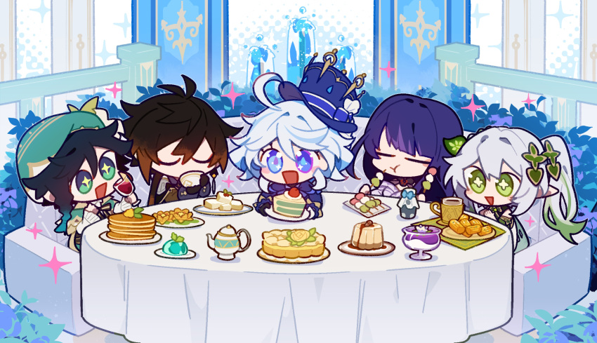 +_+, 2boys, 3girls, absurdres, ahoge, almond_tofu_(genshin_impact), beret, black_hair