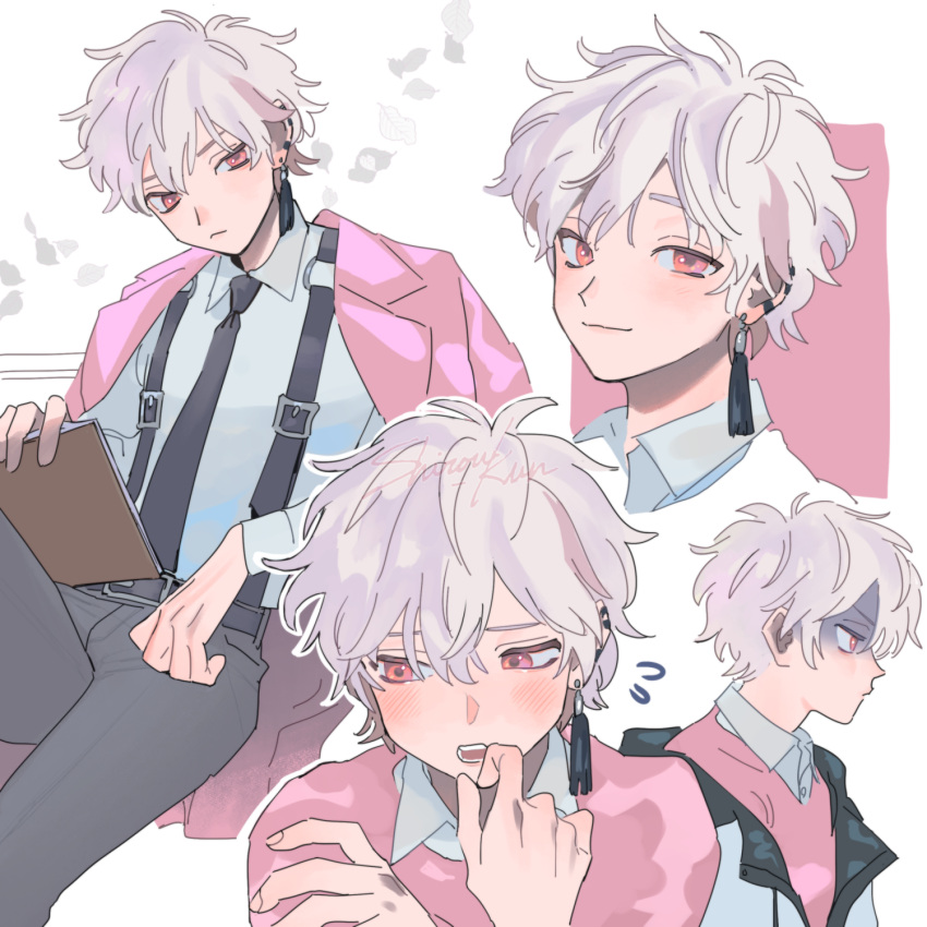 1boy, black_necktie, black_pants, borrowed_character, character_name, clipboard, commentary, commission