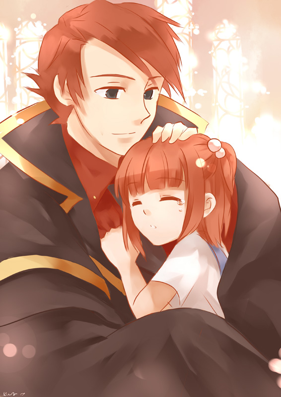cape, closed_eyes, feesh, hair_bobbles, hair_ornament, hand_on_head, holding, red_hair