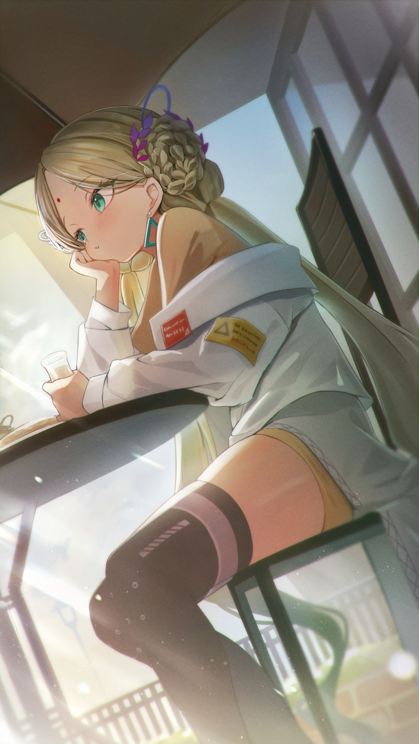 1girl, absurdres, bindi, black_thighhighs, brown_hair, coat, drink, dutch_angle
