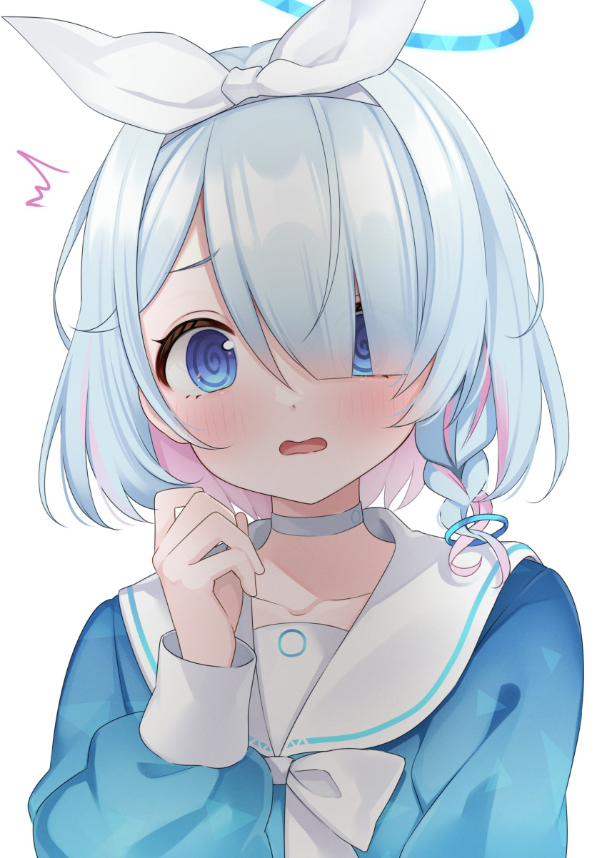 1girl, @_@, absurdres, aqua_hair, arona_(blue_archive), blue_archive, blue_eyes, blue_serafuku