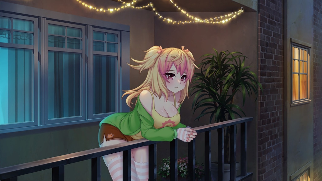 balcony, blonde_hair, breasts, crush_crush, mio_(crush_crush), night, sad, screenshot