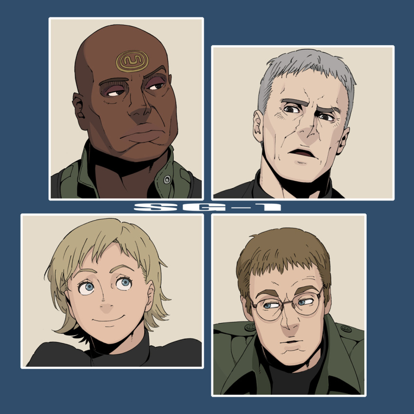 bald, black_eyes, blonde_hair, blue_eyes, brown_hair, daniel_jackson, dark_skin, go_robots
