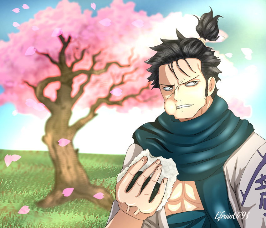 1boy, abs, absurdres, artist_name, black_hair, cherry_blossoms, commentary, day