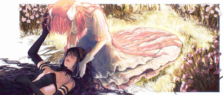 2girls, absurdres, akemi_homura, akuma_homura, bare_shoulders, black_gloves, black_hair, bow, bow_hairband, choker, dress, elbow_gloves, entronyar, eye_contact, flower, frilled_dress, frills, garden, gloves, goddess_madoka, hair_bow, hair_ribbon, hairband, hand_in_another's_hair, hand_on_another's_head, headpat, highres, holding_another's_hair, kaname_madoka, long_hair, looking_at_another, looking_down, lying, magical_girl, mahou_shoujo_madoka_magica, mahou_shoujo_madoka_magica:_hangyaku_no_monogatari, multiple_girls, on_back, parted_lips, pink_flower, pink_hair, purple_bow, purple_hairband, ribbon, shattered, short_sleeves, two_side_up, very_long_hair, violet_eyes, white_bow, white_dress, white_gloves, white_ribbon, yuri