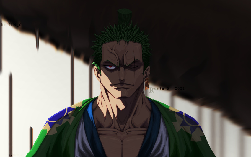 1boy, 2021, artist_name, closed_mouth, collarbone, commentary, earrings, green_hair, highres, jewelry, looking_at_viewer, male_focus, one_eye_closed, one_piece, red_eyes, roronoa_zoro, runin-0, scar, scar_across_eye, scar_on_face, short_hair, single_earring, solo