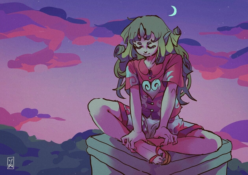 1girl, blue_nails, brown_footwear, buttons, closed_eyes, closed_mouth, cloud_print, clouds