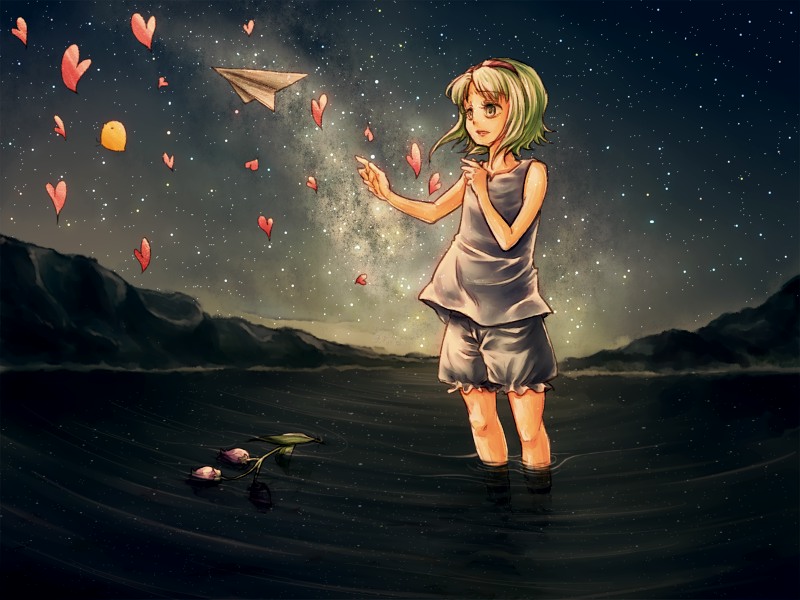 campanella_(vocaloid), chick, flower, goggles, goggles_on_head, green_hair, gumi, heart
