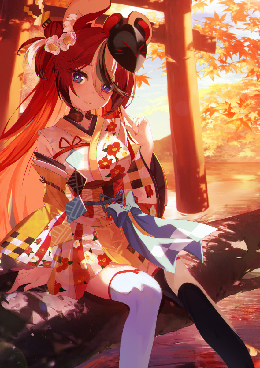 1girl, absurdres, animal_ears, black_hair, blue_eyes, floral_print_kimono, flower, hair_flower, hair_ornament, hakos_baelz, hakos_baelz_(new_year), highres, hololive, hololive_english, japanese_clothes, jiang_ye_kiri, kimono, long_hair, looking_at_viewer, mask, mask_on_head, mouse_ears, mouse_girl, multicolored_clothes, multicolored_hair, official_alternate_costume, redhead, streaked_hair, torii, virtual_youtuber
