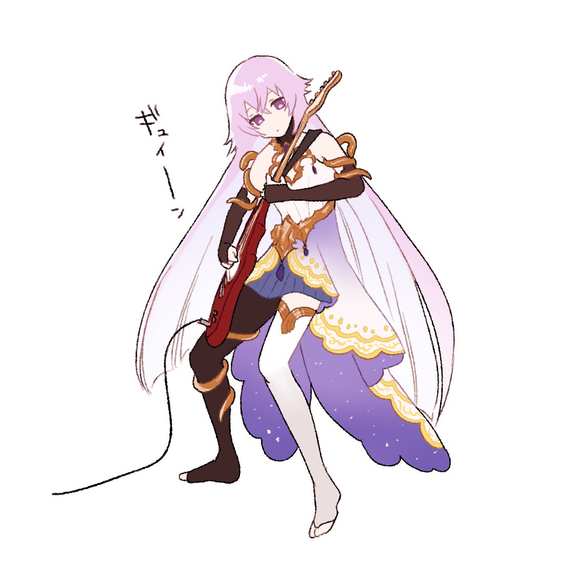 1girl, asymmetrical_legwear, bare_shoulders, black_gloves, blue_skirt, cleavage_cutout, clothing_cutout, dress, electric_guitar, fingerless_gloves, gloves, grimms_notes, guitar, instrument, long_hair, magic_mirror_(grimms_notes), mismatched_legwear, mogggggge, music, playing_guitar, playing_instrument, purple_hair, simple_background, skirt, solo, toeless_legwear, violet_eyes, white_background