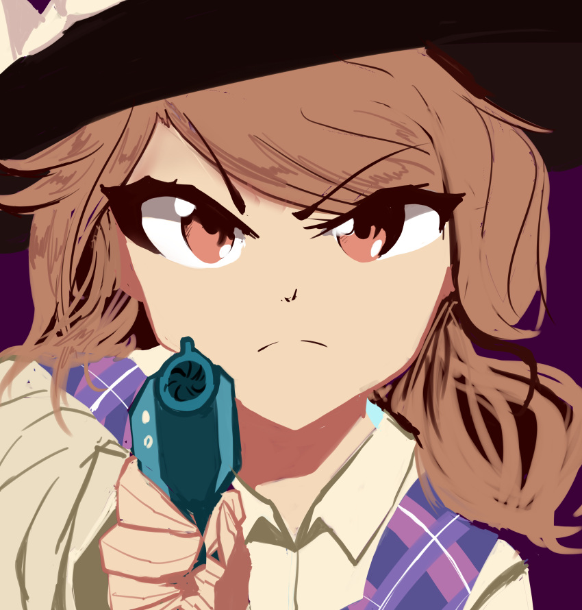 1girl, absurdres, black_headwear, bow, brown_eyes, brown_hair, closed_mouth, collared_shirt