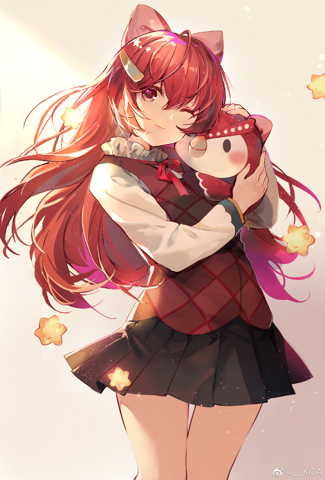 1girl, ahoge, animal, animal_crossing, argyle_vest, bird, black-eyed_susan, black_skirt, blush_stickers, bow, bowtie, celeste_(animal_crossing), chinese_commentary, circle_skirt, closed_mouth, collared_shirt, commentary_request, cowboy_shot, creature_and_personification, eyeshadow, frilled_shirt_collar, frills, hair_bow, hair_ornament, highres, holding, holding_animal, kita_(kitairoha), long_sleeves, looking_at_viewer, makeup, miniskirt, one_eye_closed, owl, petting, pink_bow, pink_lips, pleated_skirt, red_bow, red_bowtie, red_eyes, red_eyeshadow, red_vest, shirt, simple_background, skirt, smile, solid_oval_eyes, star_(symbol), vest, watermark, weibo_logo, weibo_username, white_background, white_shirt, white_sleeves