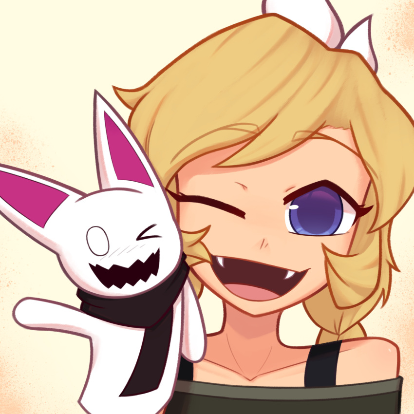 1boy, 1girl, artist_self-insert, blonde_hair, blue_eyes, blush, bra_straps, bracelet, braid, fangs, hand_puppet, highres, jewelry, neck, nose, one_eye_closed, open_mouth, original, puppet, scarf, simple_background, smile, xyronii