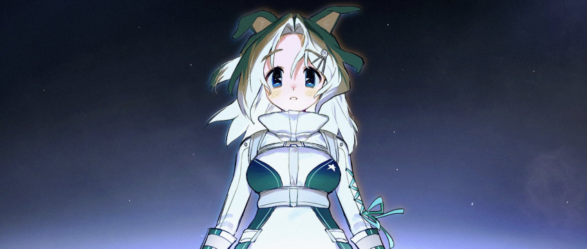 1girl, animal_ears, astronaut, black_background, black_eyes, blue_background, blue_ribbon, bodysuit, brown_hair, chest_harness, colored_inner_hair, cross-laced_clothes, cross-laced_sleeves, dog_ears, dog_girl, english_commentary, eye_reflection, floating_hair, gradient_background, hair_intakes, hair_ornament, hairpin, harness, high_collar, highres, laika_(dog), long_hair, long_sleeves, looking_at_viewer, multicolored_hair, original, parted_lips, personification, reflection, ribbon, solo, soreeyu_(sore-yu), space, star_(sky), upper_body, white_bodysuit, white_hair