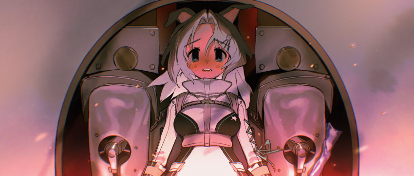 1girl, animal_ears, astronaut, black_eyes, bodysuit, brown_hair, chest_harness, crying, crying_with_eyes_open, dog_ears, dog_girl, english_commentary, grey_background, grey_hair, hair_intakes, hair_ornament, hairpin, harness, high_collar, highres, laika_(dog), long_hair, long_sleeves, looking_at_viewer, multicolored_hair, open_mouth, original, personification, solo, soreeyu_(sore-yu), spacecraft, spacecraft_interior, tears, upper_body, white_bodysuit