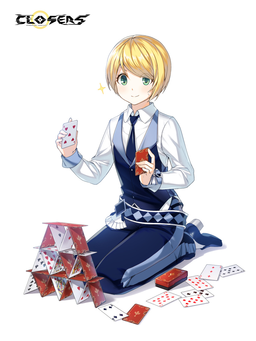 1boy, ace_(playing_card), ace_of_diamonds, ace_of_hearts, alternate_hair_color, belt, blonde_hair, blue_belt
