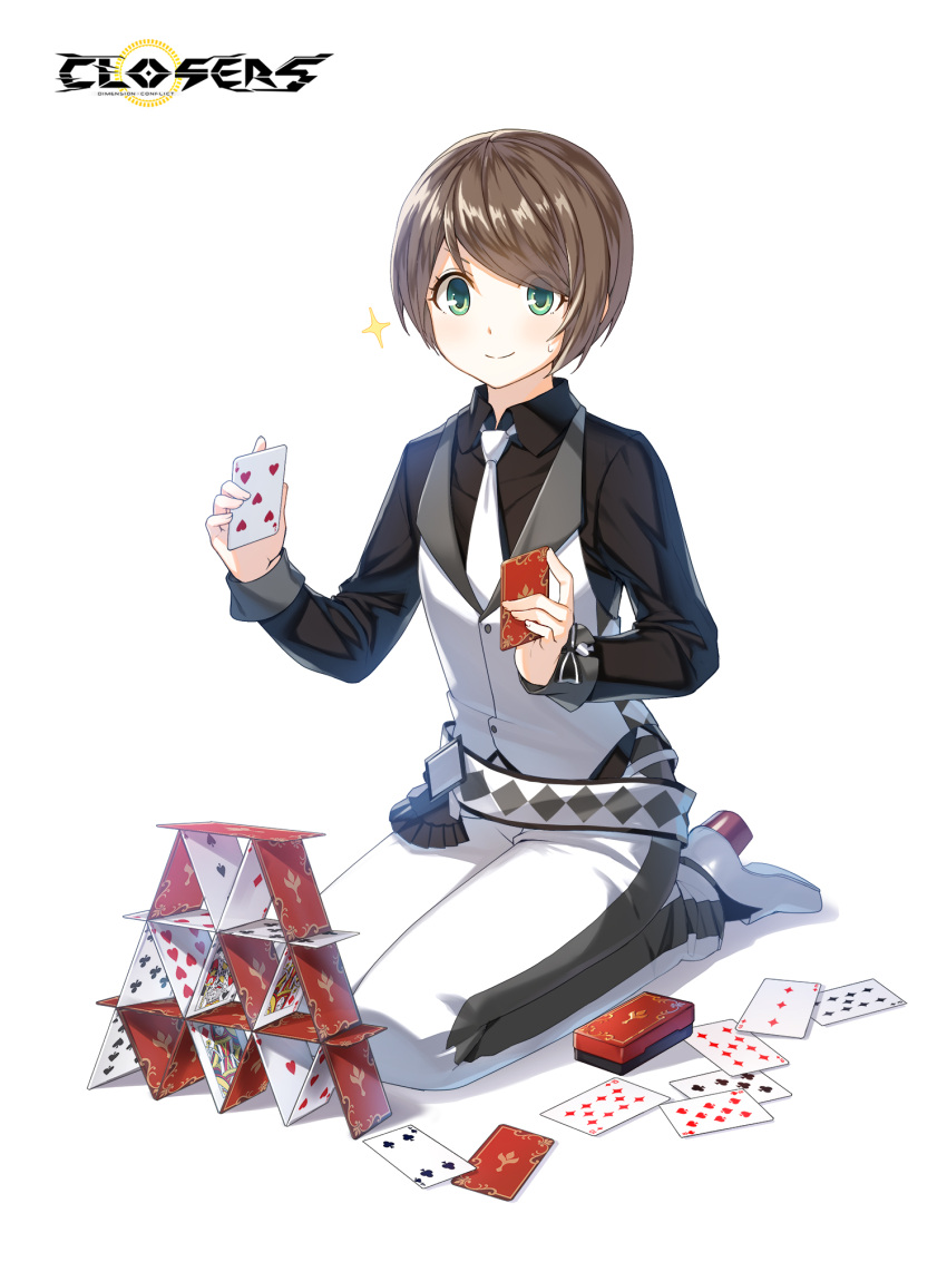 1boy, ace_(playing_card), ace_of_diamonds, ace_of_hearts, alternate_hair_color, belt, black_bow, black_shirt