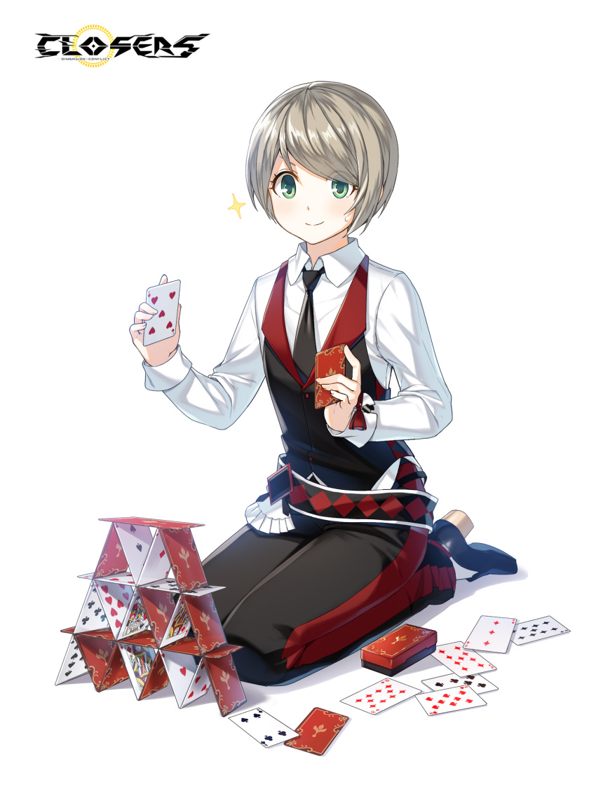 1boy, ace_(playing_card), ace_of_diamonds, ace_of_hearts, belt, black_belt, black_footwear, black_necktie