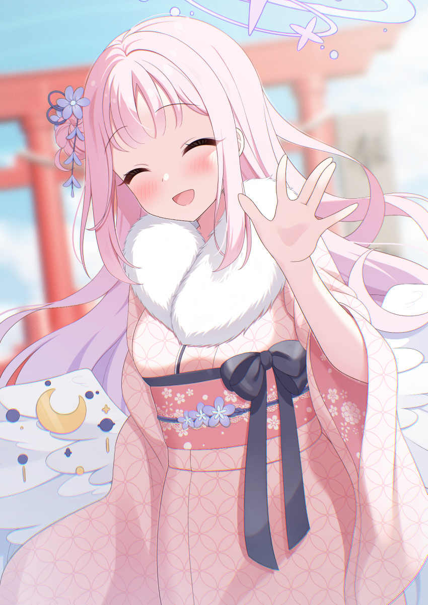 1girl, angel_wings, blue_archive, blush, closed_eyes, day, facing_viewer, feathered_wings