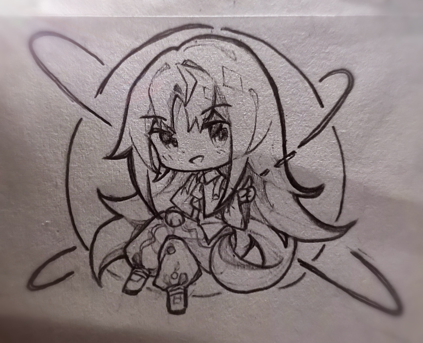 1other, androgynous, chibi, chinese_commentary, clause_(len'en), commentary_request, graphite_(medium), greyscale