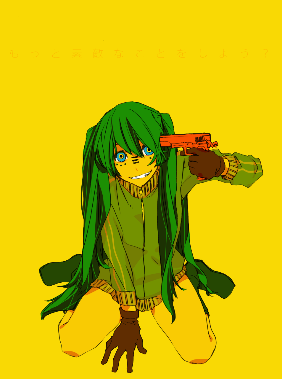 arm_support, bad_id, blue_eyes, cocked_hammer, crazy_eyes, gloves, green_hair, gun