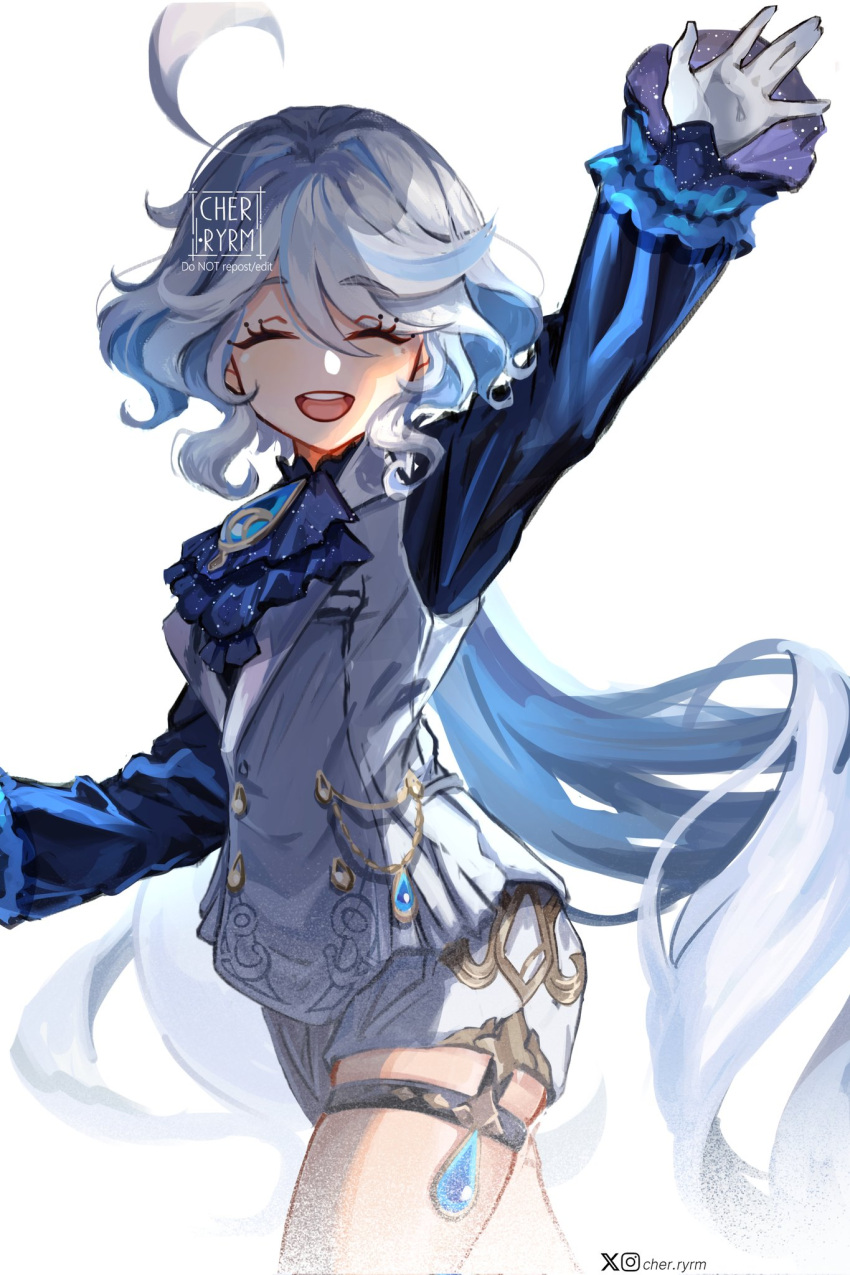 1girl, ahoge, ascot, asymmetrical_gloves, blue_ascot, blue_brooch, blue_gemstone, blue_hair