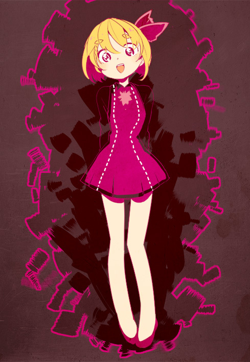 arms_behind_back, blonde_hair, bow, eyebrows, hair_bow, open_mouth, rawan, red_eyes