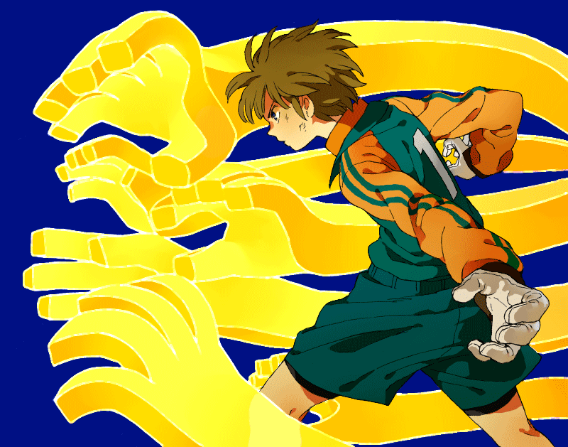 brown_hair, glucose, goalkeeper, inazuma_eleven, multiple_hands, short_hair, simple_background, soccer_uniform