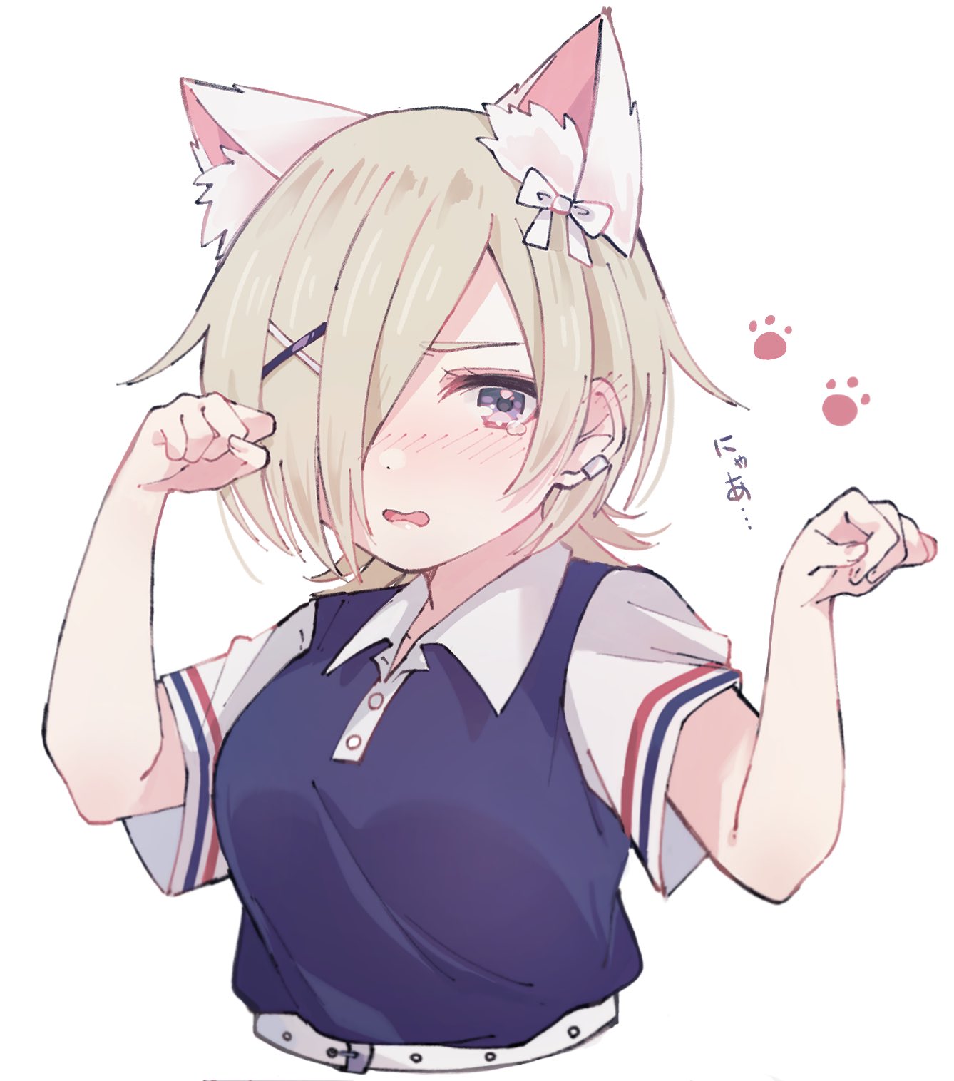 1girl, animal_ears, belt, blonde_hair, blue_shirt, blush, breasts, cat_ears