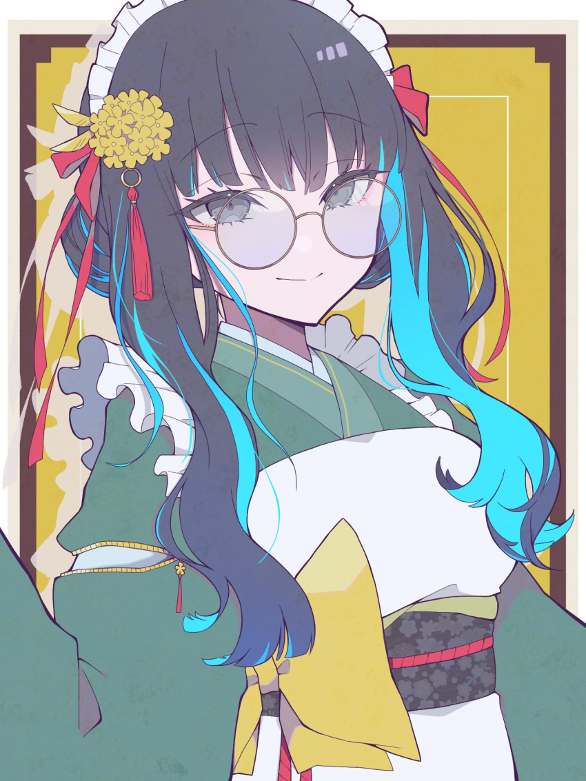 1girl, apron, black_hair, blue_hair, fate/grand_order, fate_(series), flower, glasses, green_kimono, grey_eyes, hair_flower, hair_ornament, hair_ribbon, highres, i10_ksw, japanese_clothes, kimono, long_hair, maid, maid_apron, maid_headdress, multicolored_hair, obi, red_ribbon, ribbon, sash, sidelocks, smile, solo, streaked_hair, tezcatlipoca_(fate), two-tone_hair, wa_maid
